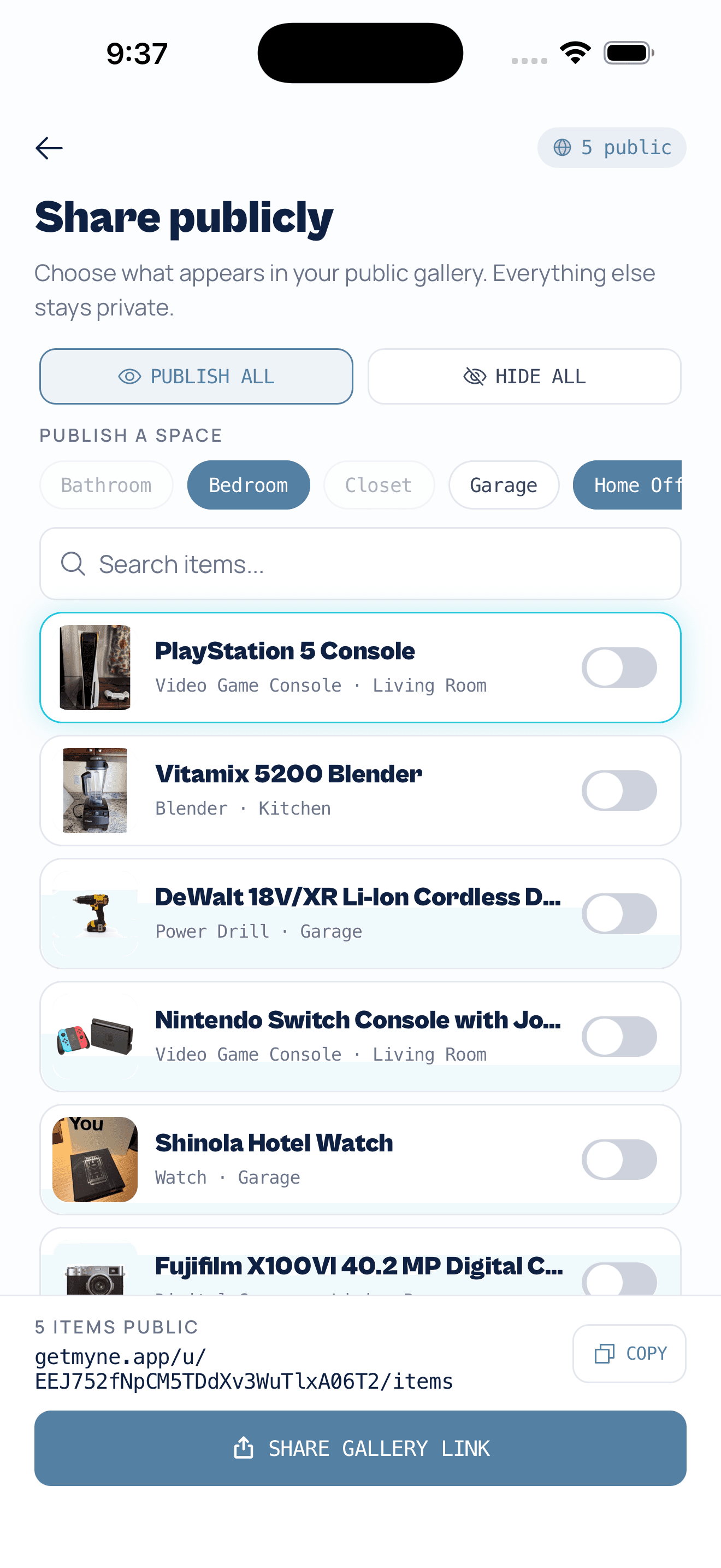 Myne's Share publicly screen — choose which items and spaces appear in your public gallery