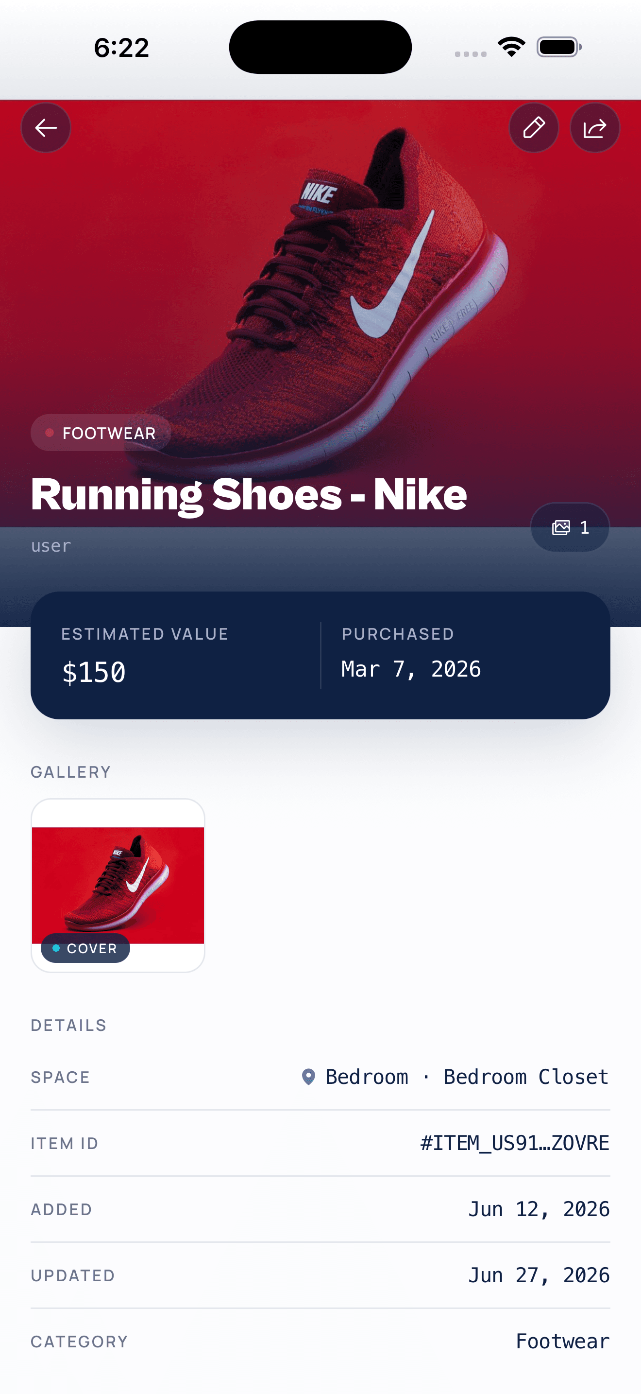 An item detail page with an estimated value