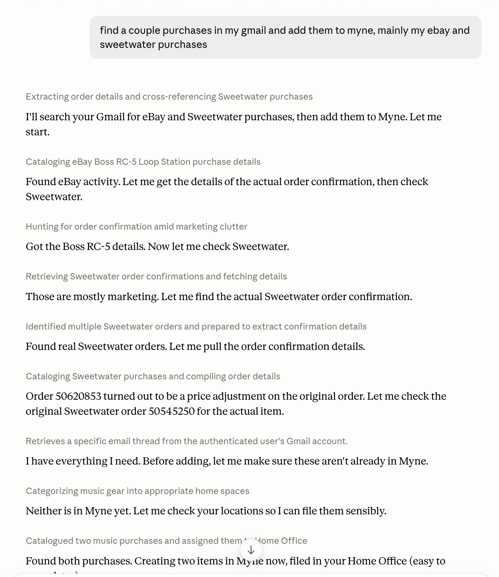 A chat where the assistant finds eBay and Sweetwater purchases in Gmail and files them into Myne