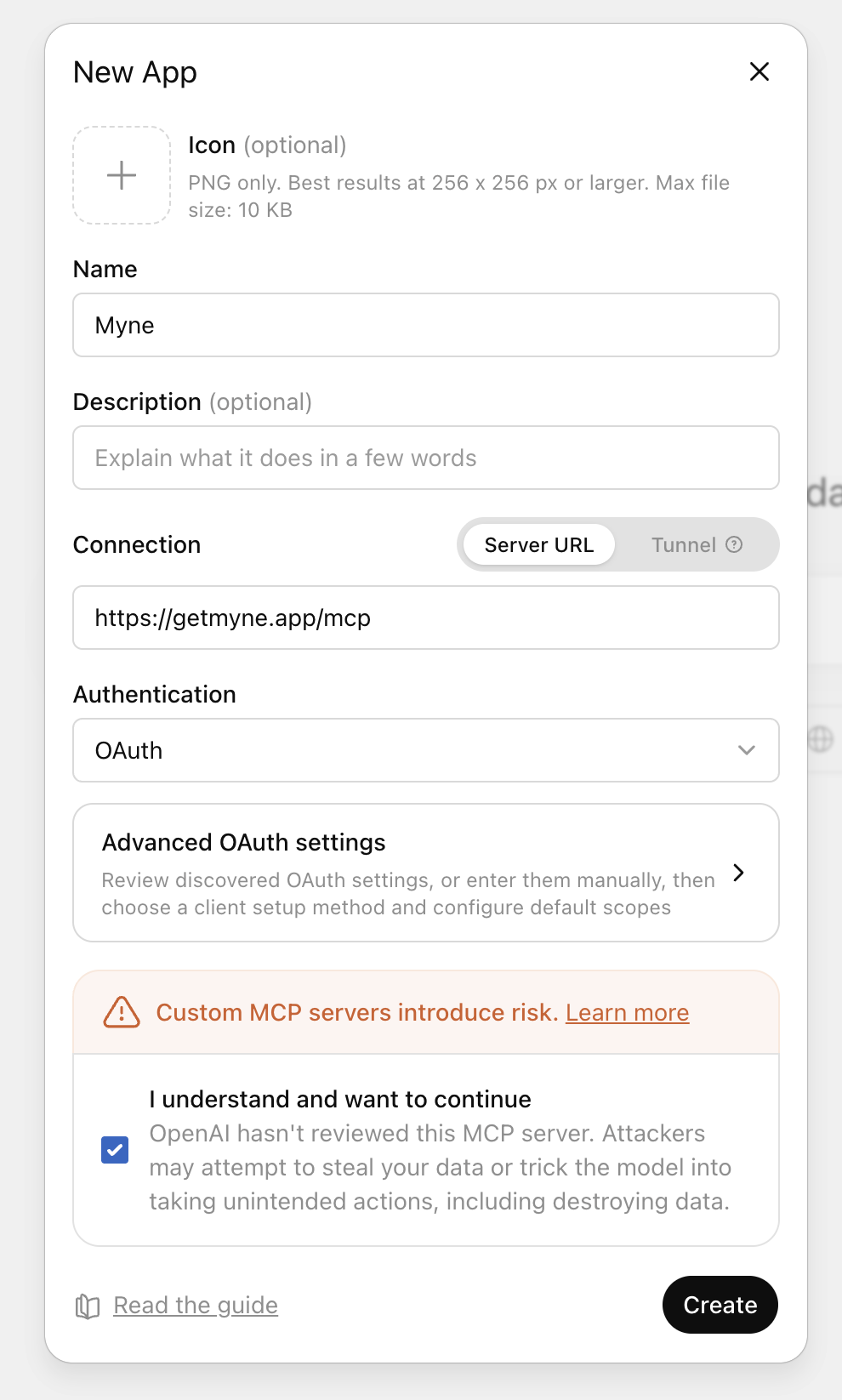 ChatGPT’s Create app connector dialog