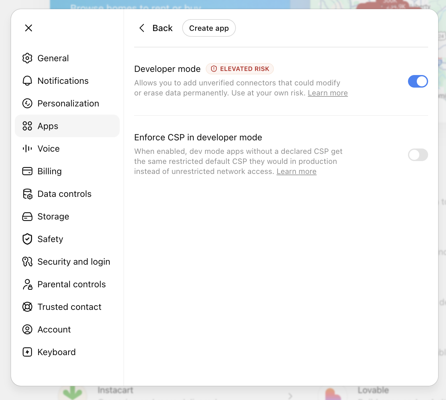 ChatGPT settings with the Developer mode toggle switched on
