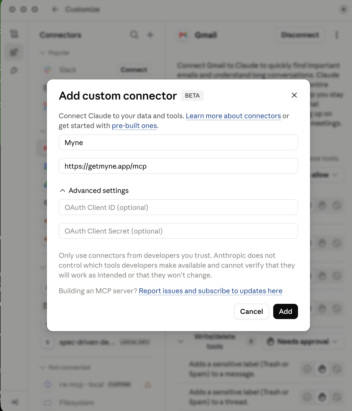 Claude’s Add custom connector dialog with the Myne MCP URL filled in