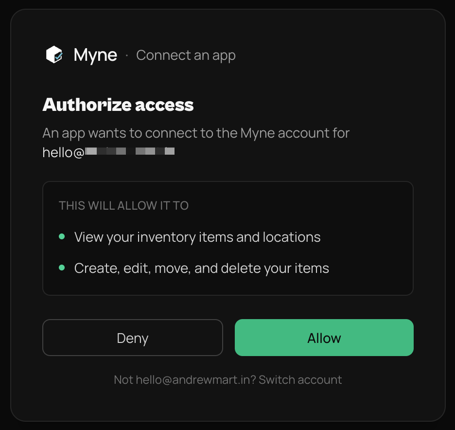 Myne’s Authorize access OAuth consent screen