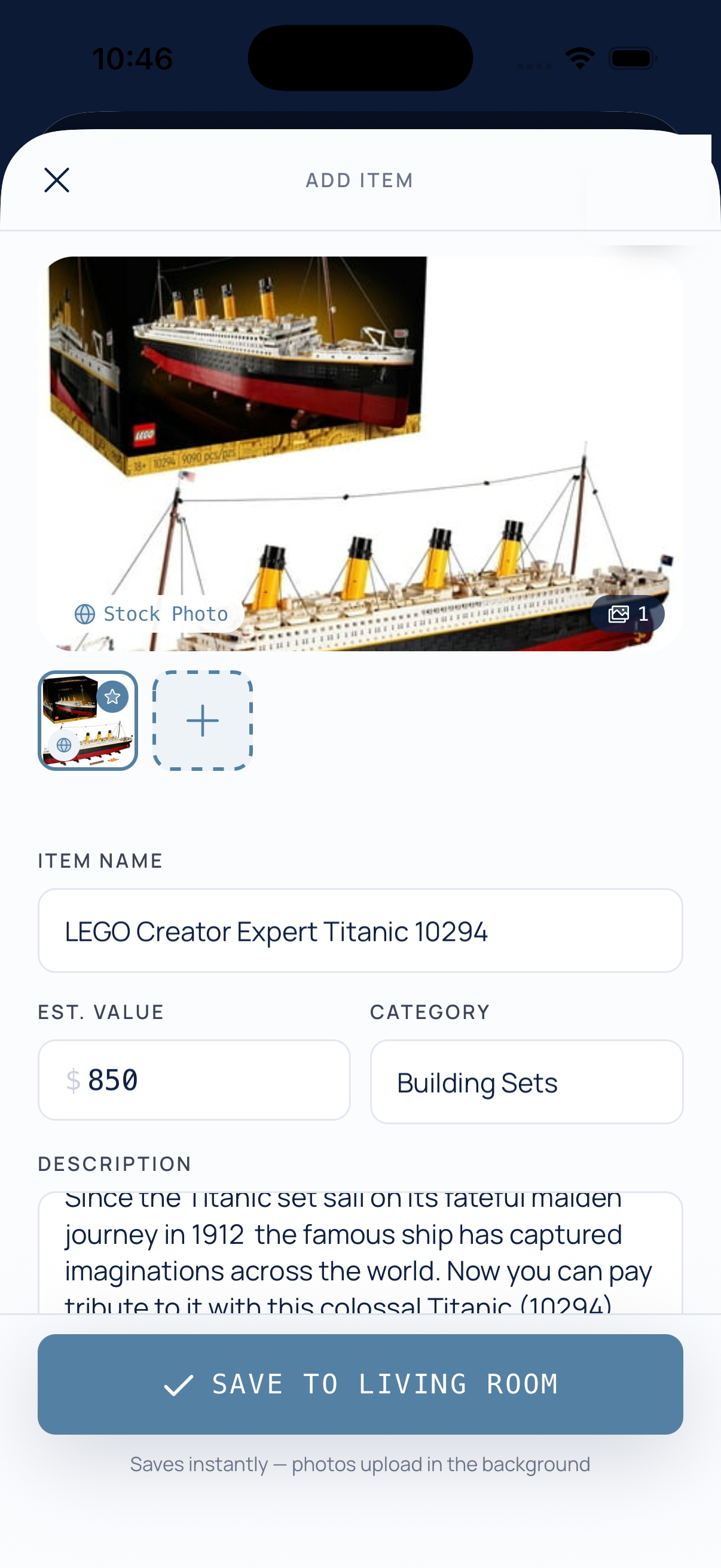 Add Item screen prefilled from a barcode scan of a LEGO Titanic set — name, stock photo, $850 estimated value, and category filled in