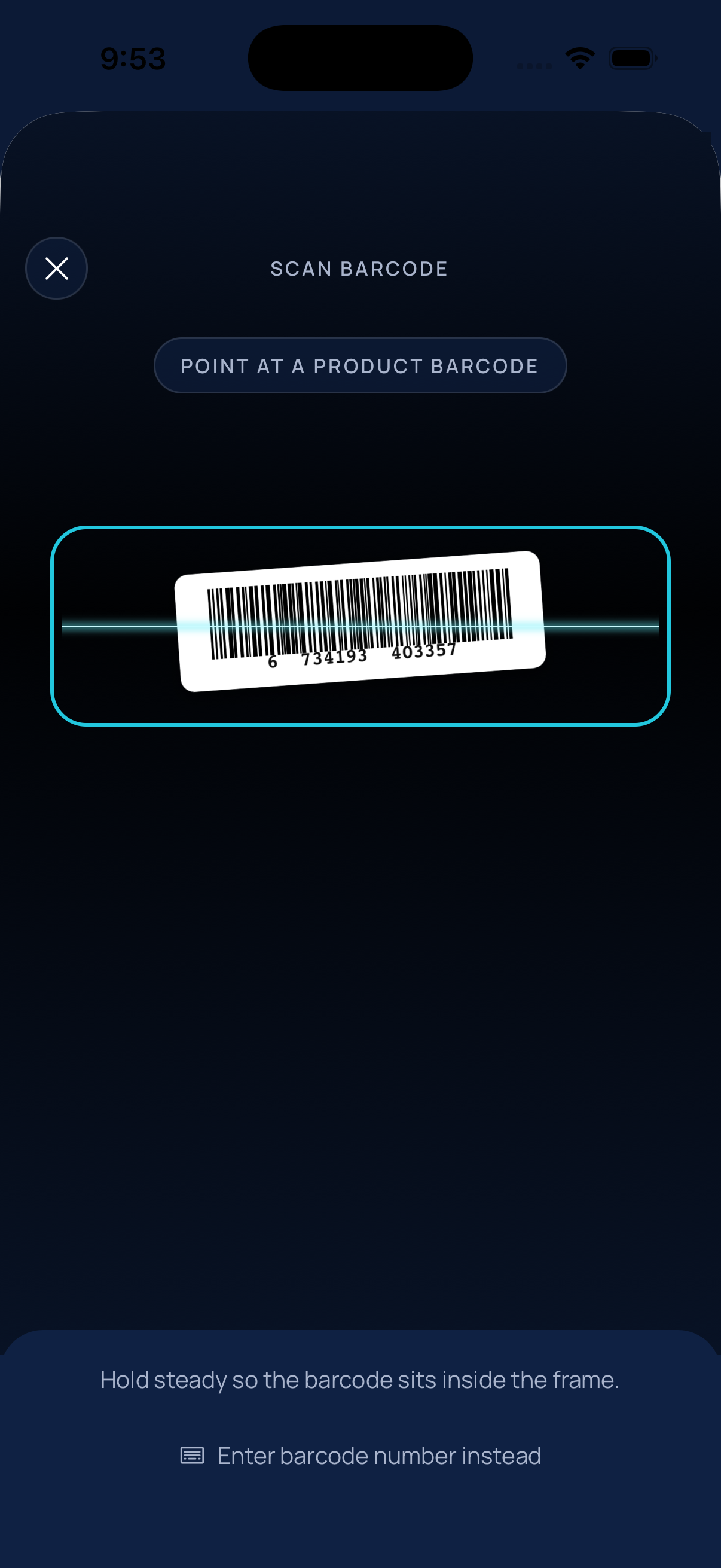 Barcode scanner reading a product barcode inside the aiming frame