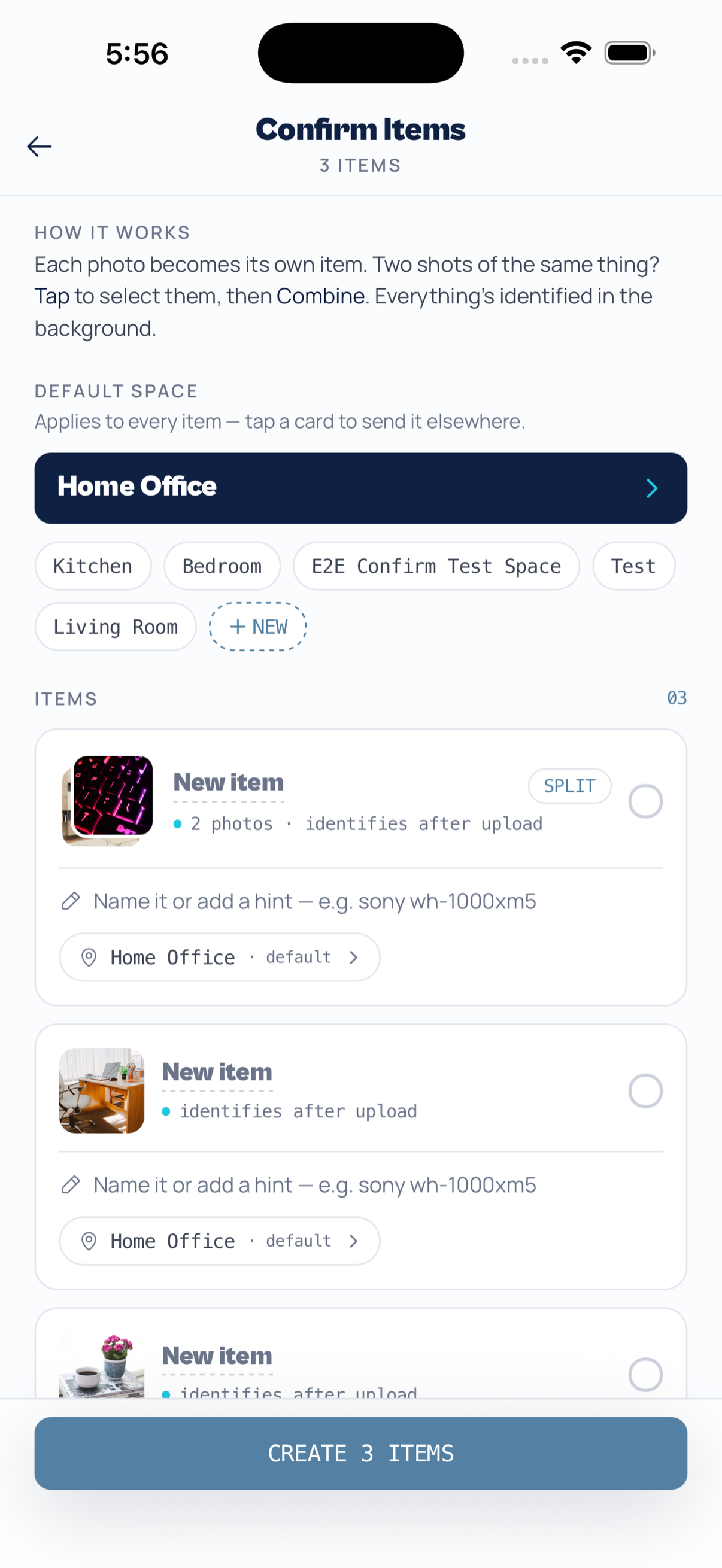 Bulk capture confirm screen with several photographed items queued to process in the background