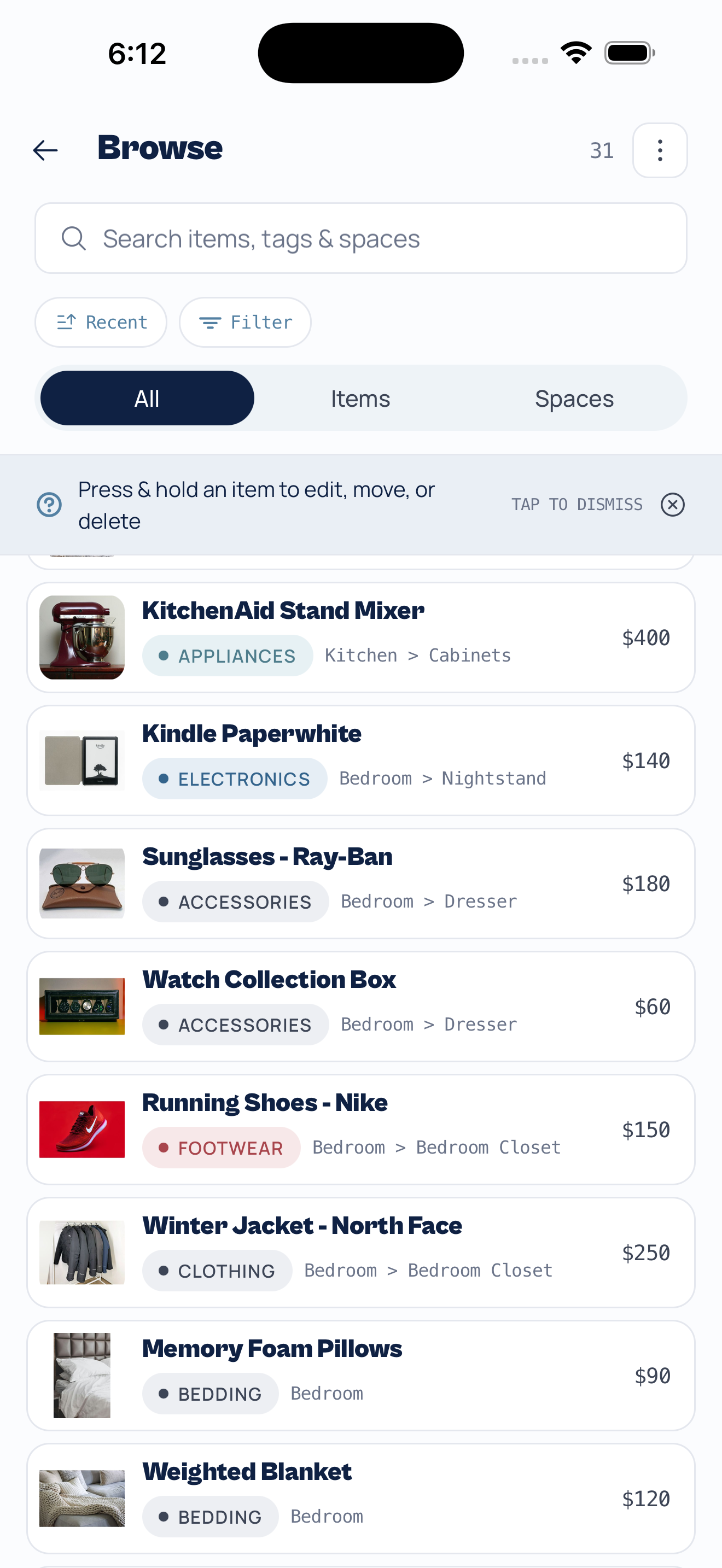 Redesigned browse screen with a masonry grid of items