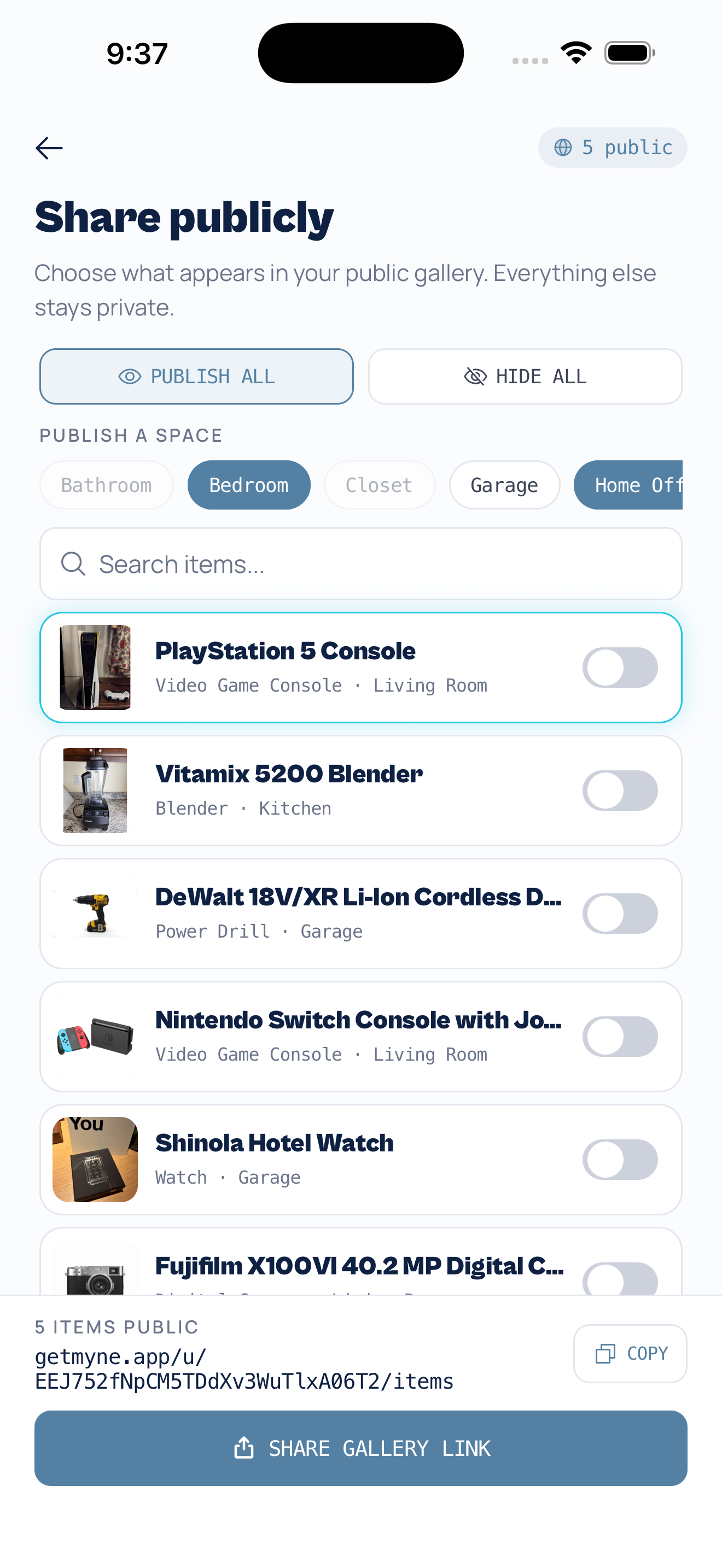 Myne share-publicly settings that put items on the public web, where buyers can now make offers
