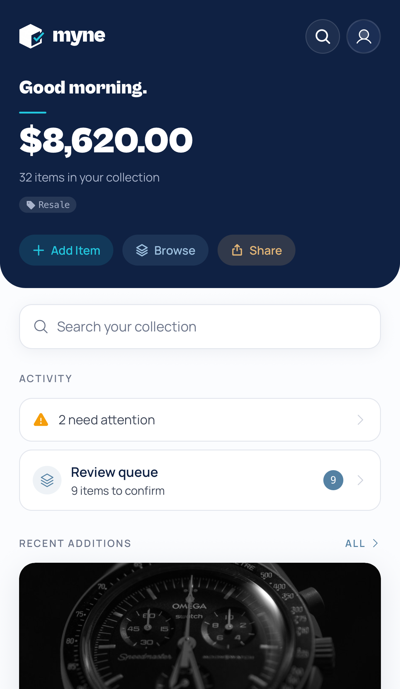 Myne home screen hero showing total estimated value with the Retail/Resale valuation badge