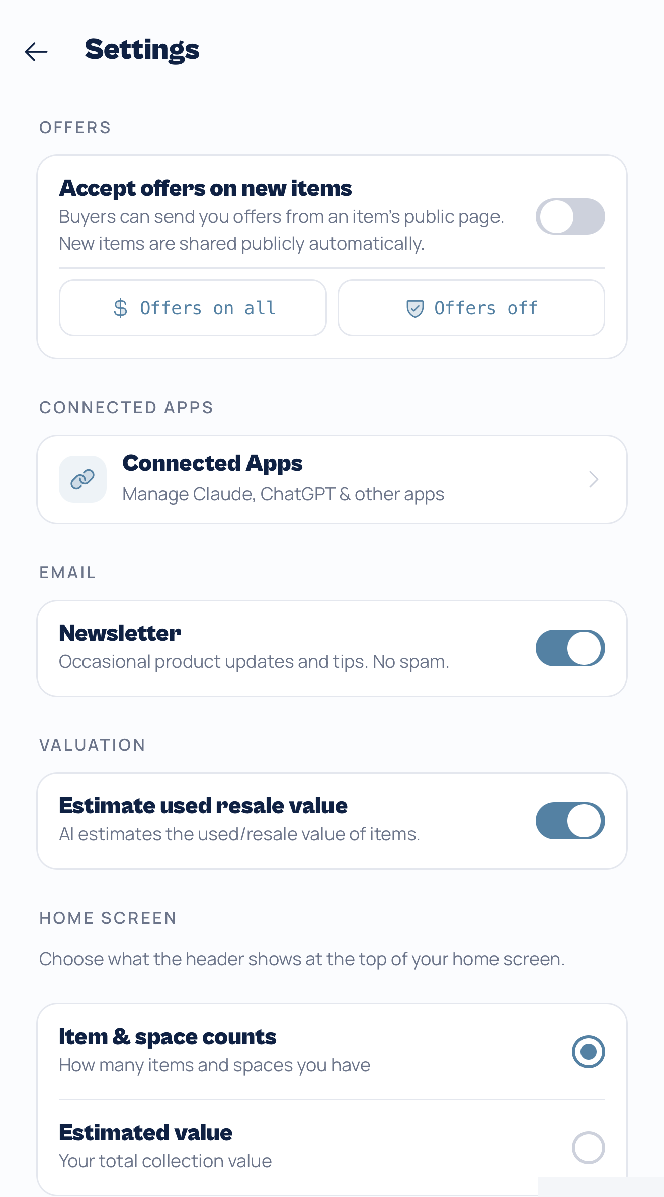 Settings screen with the “Estimate used resale value” toggle that switches every value between retail and resale