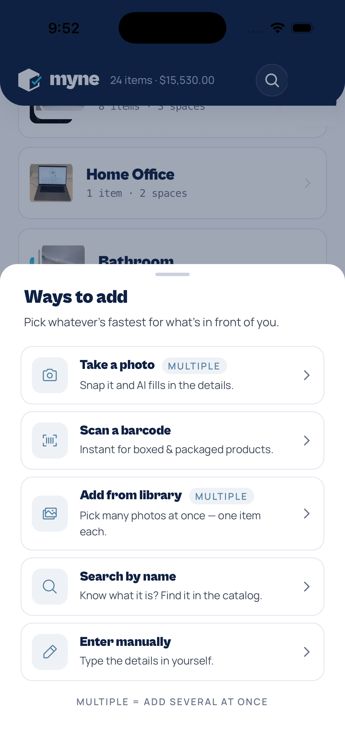 Myne Ways to Add sheet showing the new Import a spreadsheet option alongside photo, barcode, library, search, and manual entry